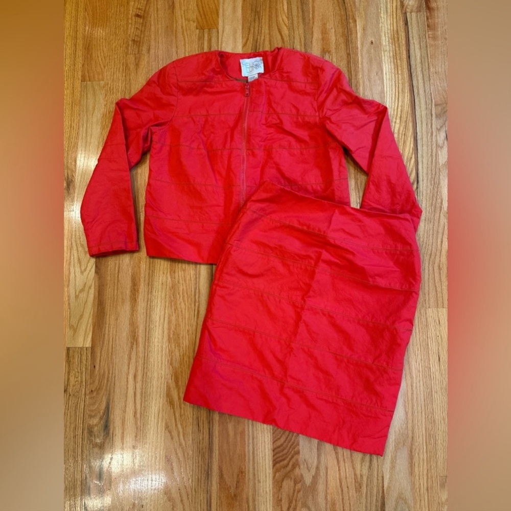 Helios & Luna coral red skirt blazer set